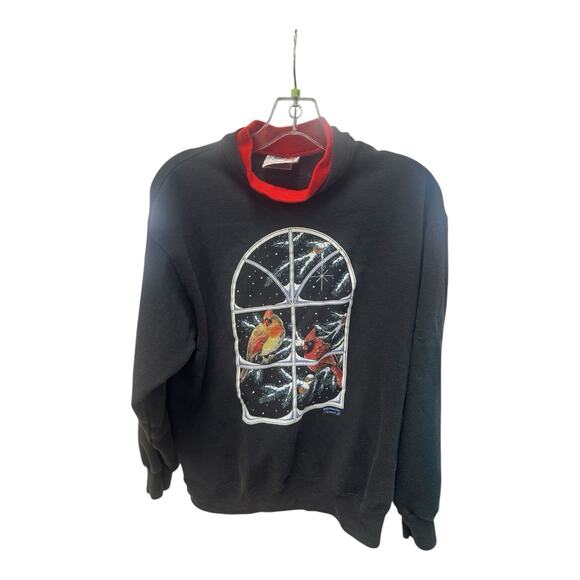 Vintage Morning Sun Black L Window Cardinals Winter Scene Red Crewneck Sweater - Picture 2 of 6